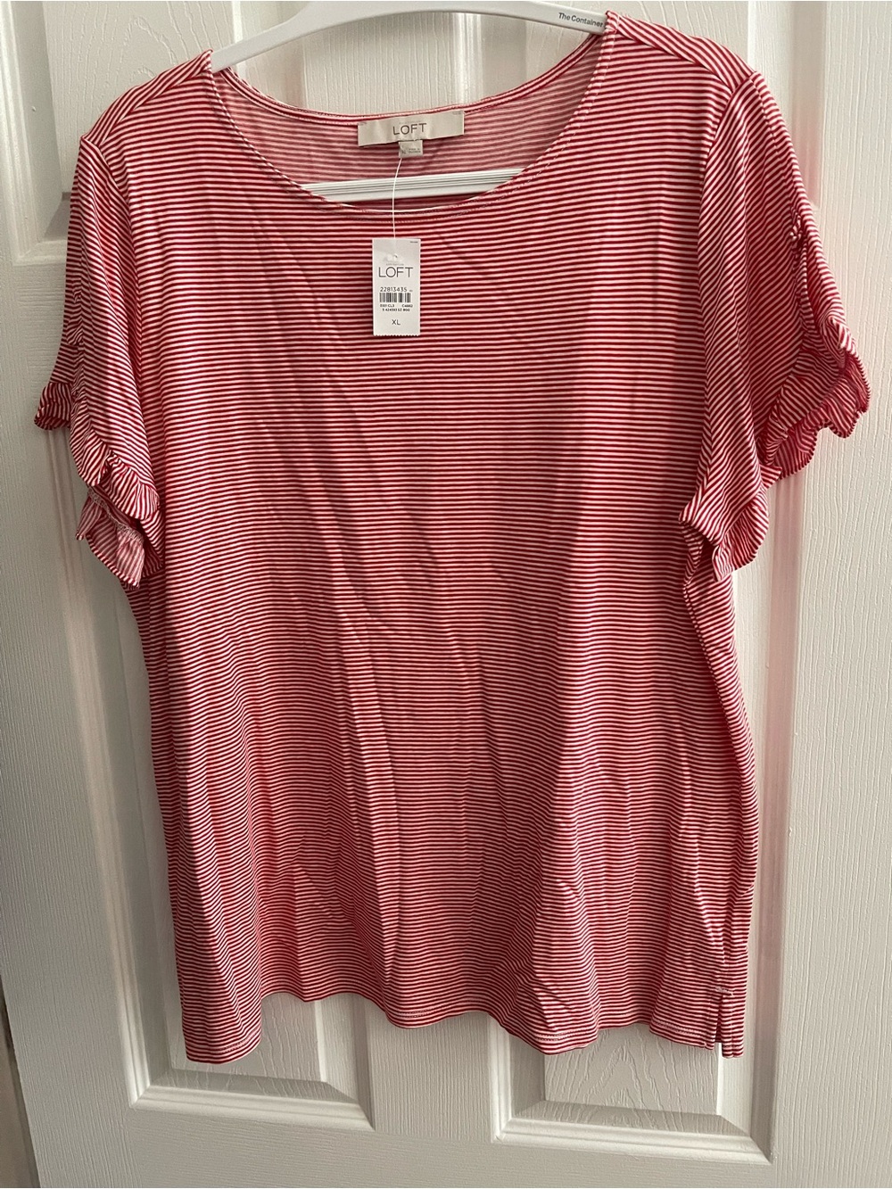 LOFT Red and White Striped Ruffle Sleeve Tee